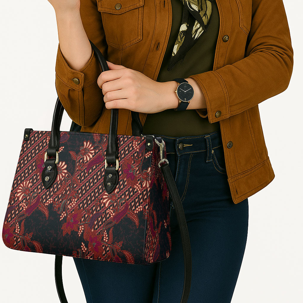 Indonesian Parang Batik Leather Bag Red Floral Pattern
