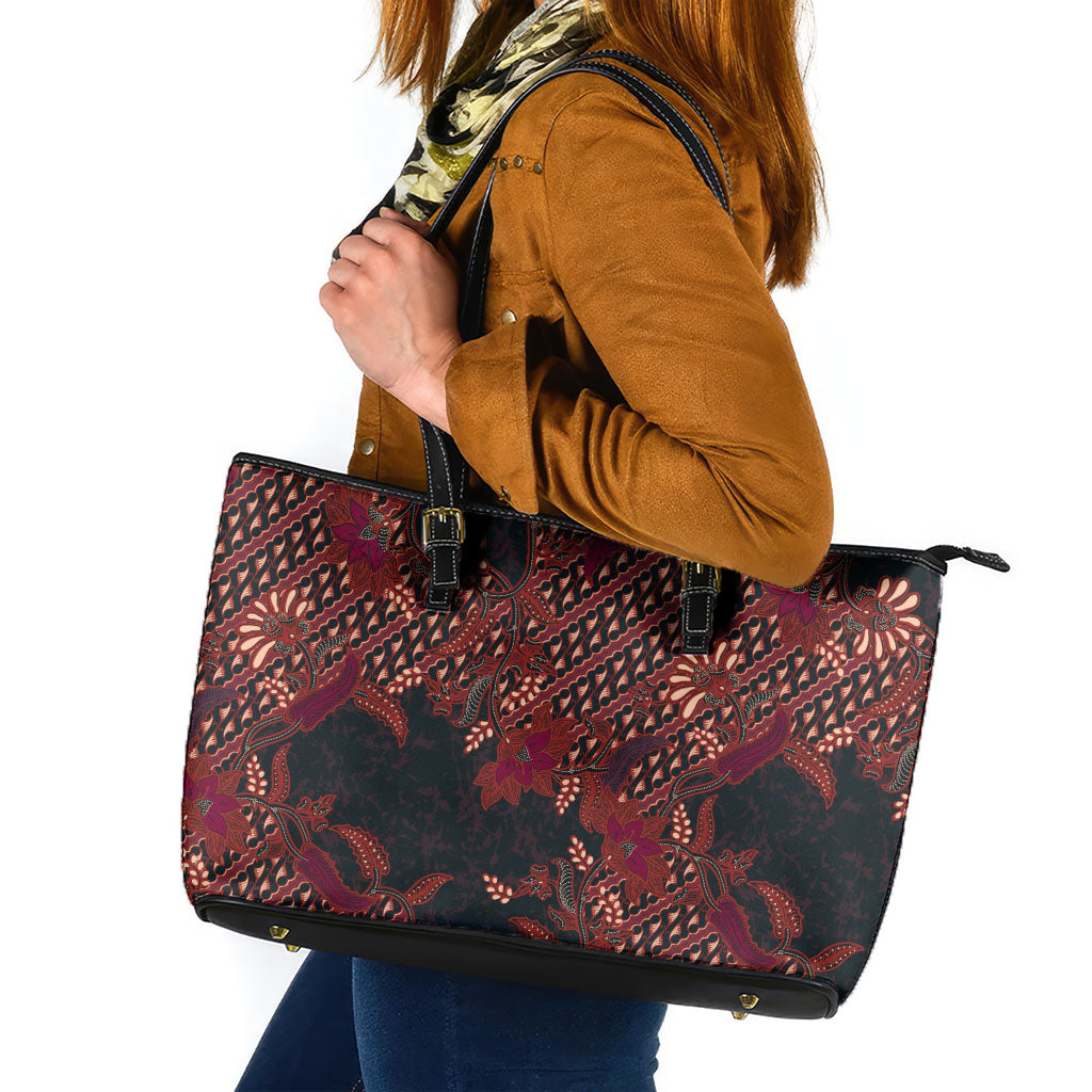Indonesian Parang Batik Leather Tote Bag Red Floral Pattern