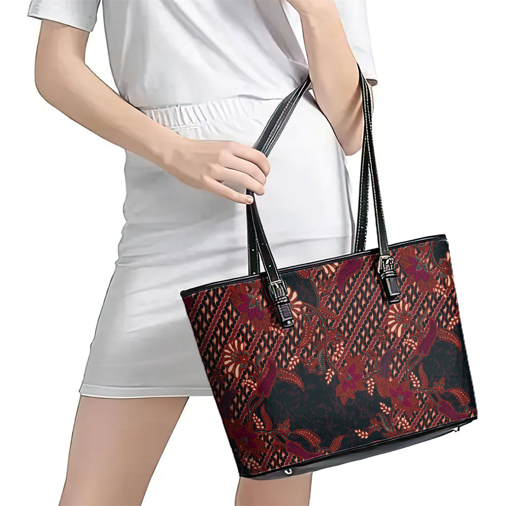 Indonesian Parang Batik Leather Tote Bag Red Floral Pattern