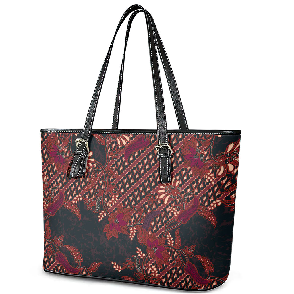 Indonesian Parang Batik Leather Tote Bag Red Floral Pattern