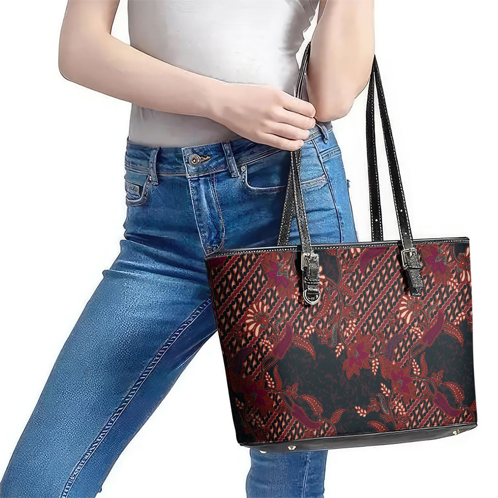 Indonesian Parang Batik Leather Tote Bag Red Floral Pattern