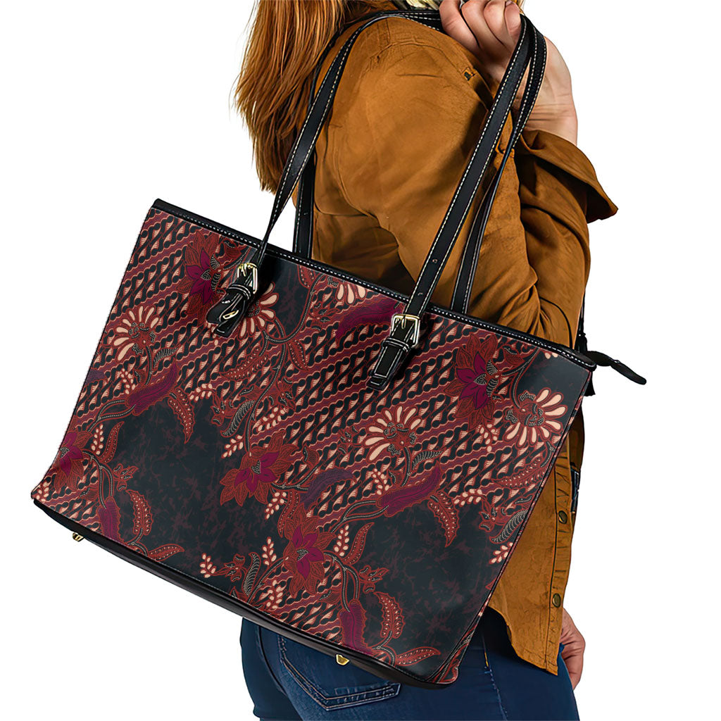 Indonesian Parang Batik Leather Tote Bag Red Floral Pattern