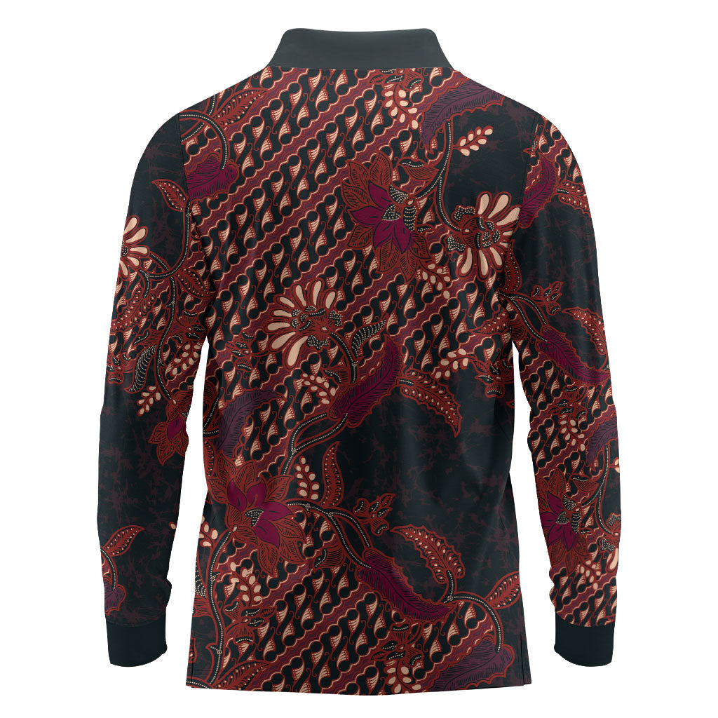 Indonesian Parang Batik Long Sleeve Polo Shirt Red Floral Pattern