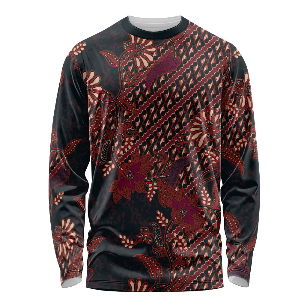 Indonesian Parang Batik Long Sleeve Shirt Red Floral Pattern