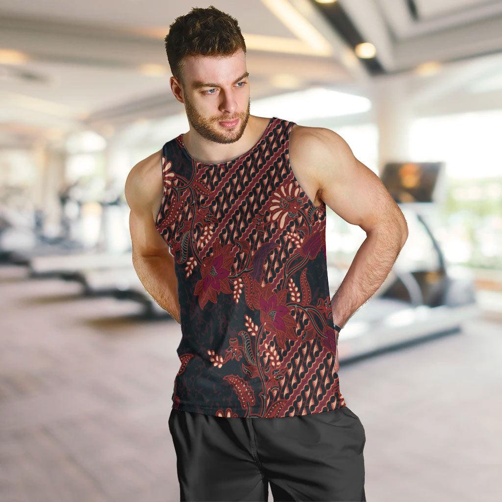 Indonesian Parang Batik Men Tank Top Red Floral Pattern