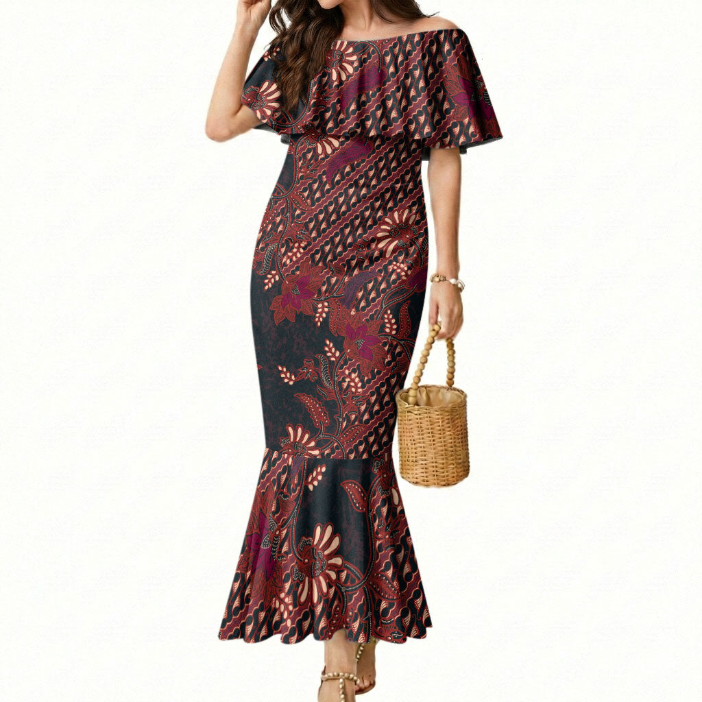 Indonesian Parang Batik Mermaid Dress Red Floral Pattern