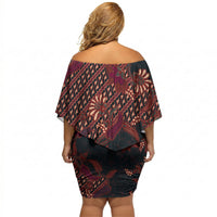 Indonesian Parang Batik Off Shoulder Short Dress Red Floral Pattern