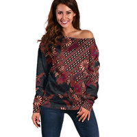Indonesian Parang Batik Off Shoulder Sweater Red Floral Pattern