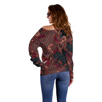 Indonesian Parang Batik Off Shoulder Sweater Red Floral Pattern
