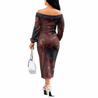 Indonesian Parang Batik Off The Shoulder Long Sleeve Dress Red Floral Pattern