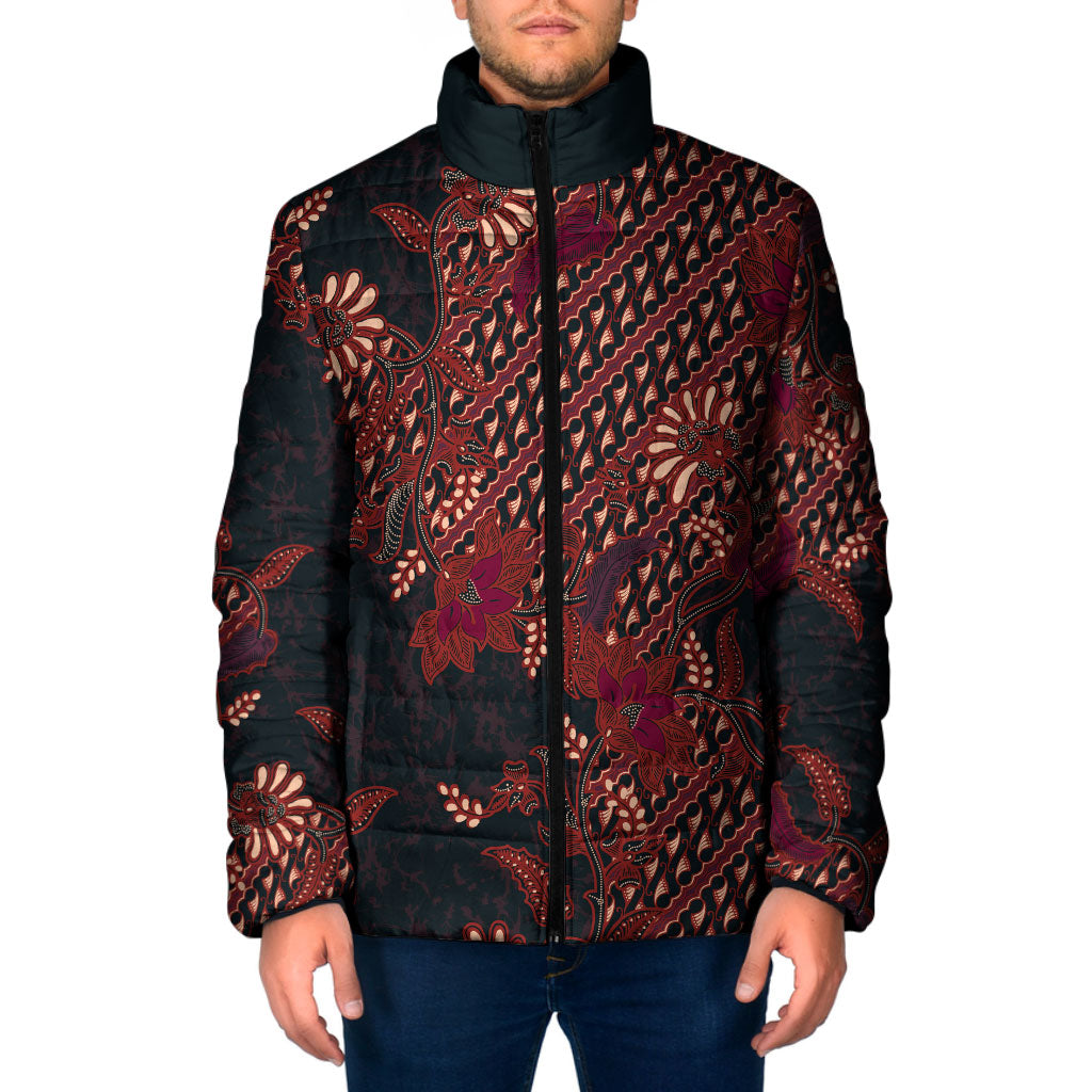 Indonesian Parang Batik Padded Jacket Red Floral Pattern