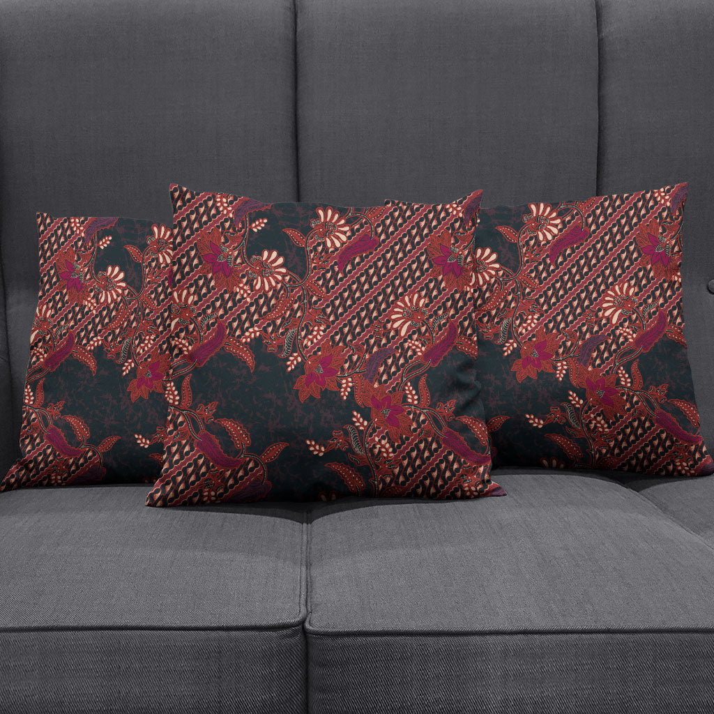 Indonesian Parang Batik Pillow Cover Red Floral Pattern