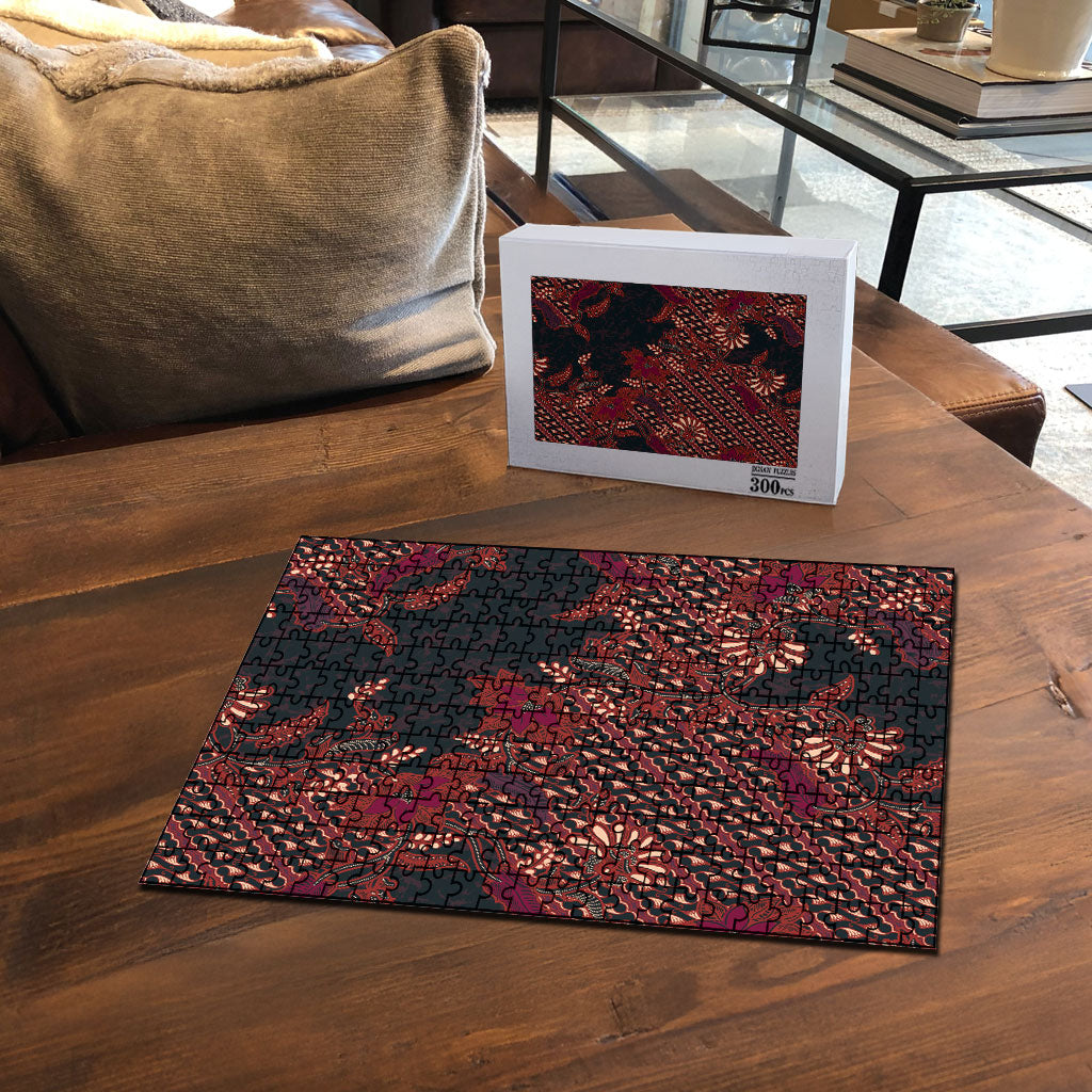 Indonesian Parang Batik Puzzle Red Floral Pattern