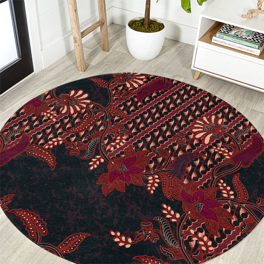Indonesian Parang Batik Round Carpet Red Floral Pattern