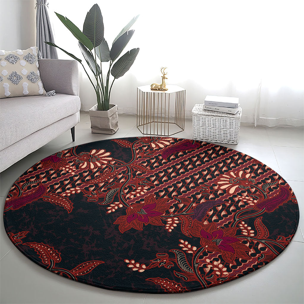 Indonesian Parang Batik Round Carpet Red Floral Pattern