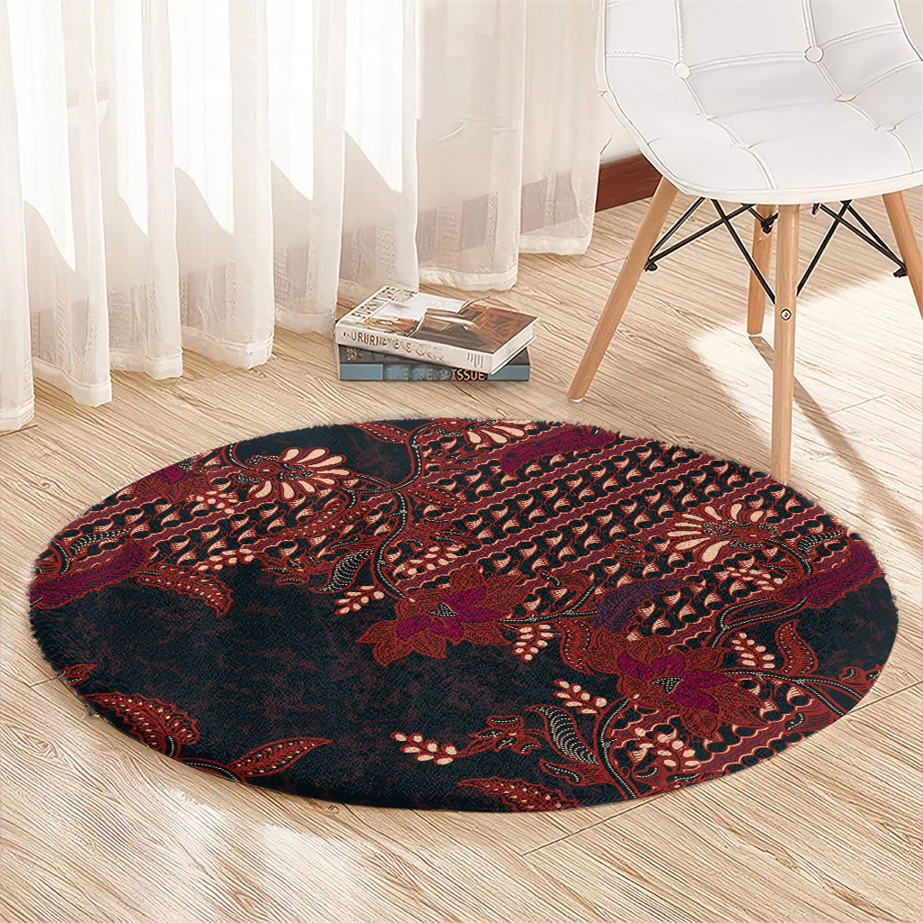 Indonesian Parang Batik Round Carpet Red Floral Pattern