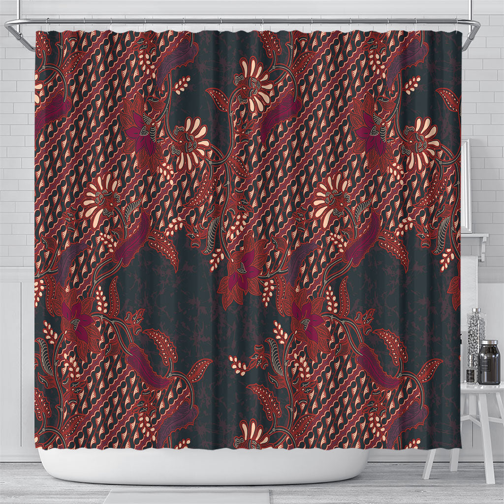 Indonesian Parang Batik Shower Curtain Red Floral Pattern