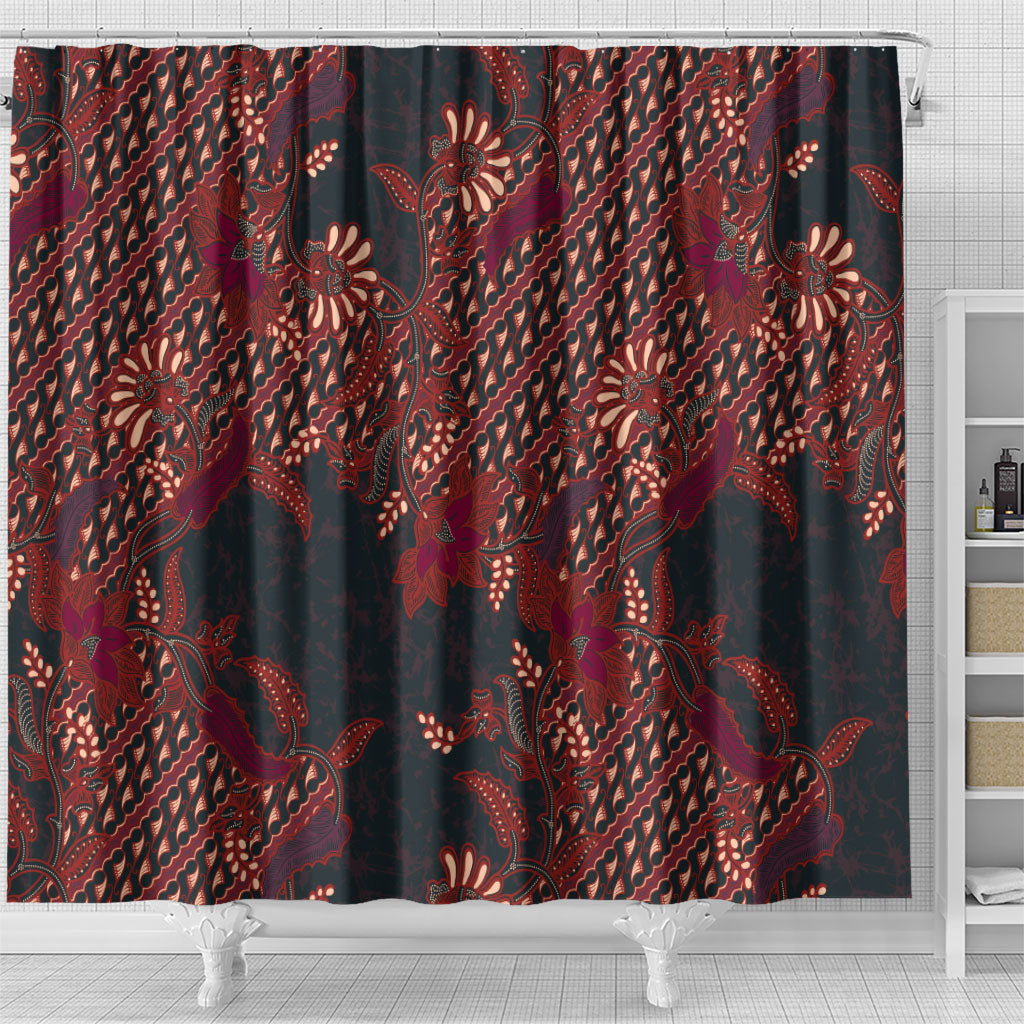 Indonesian Parang Batik Shower Curtain Red Floral Pattern