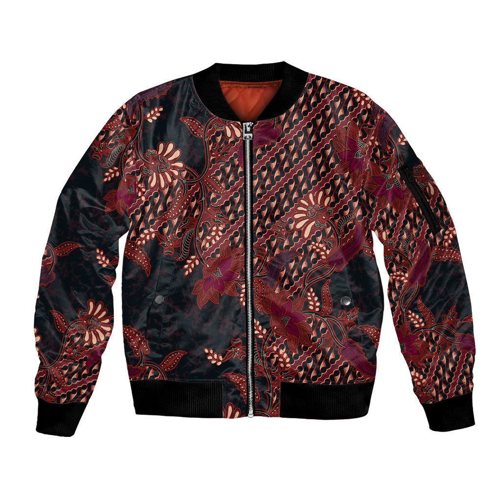 Indonesian Parang Batik Sleeve Zip Bomber Jacket Red Floral Pattern