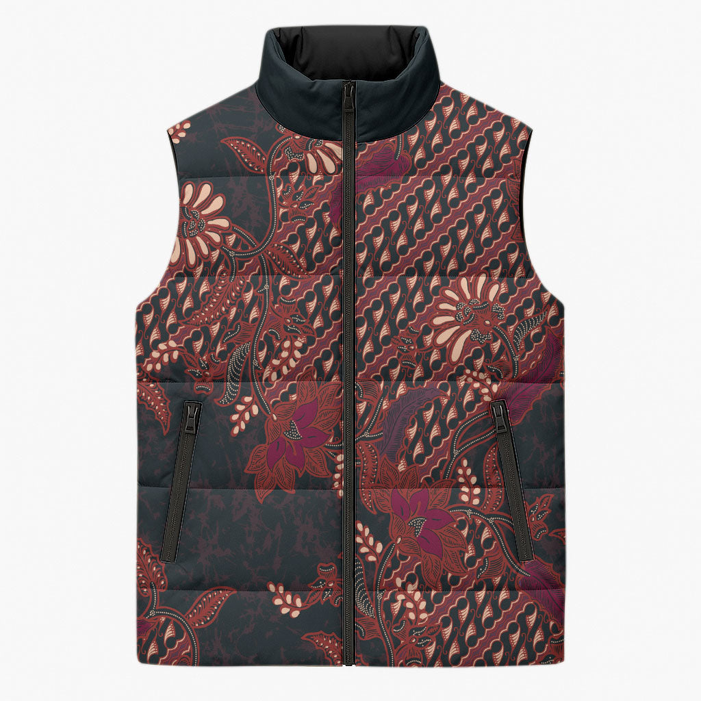 Indonesian Parang Batik Sleeveless Puffer Jacket Red Floral Pattern LT05 Unisex Red - Polynesian Pride