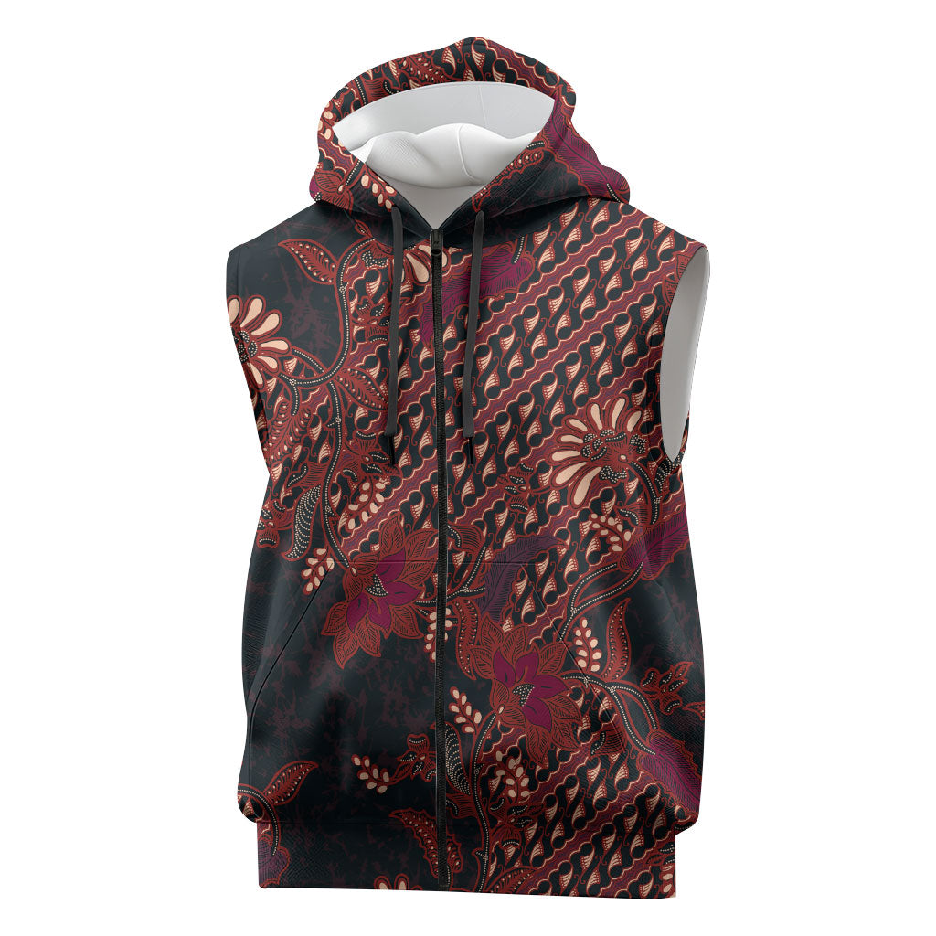 Indonesian Parang Batik Sleeveless Zip Hoodie Red Floral Pattern