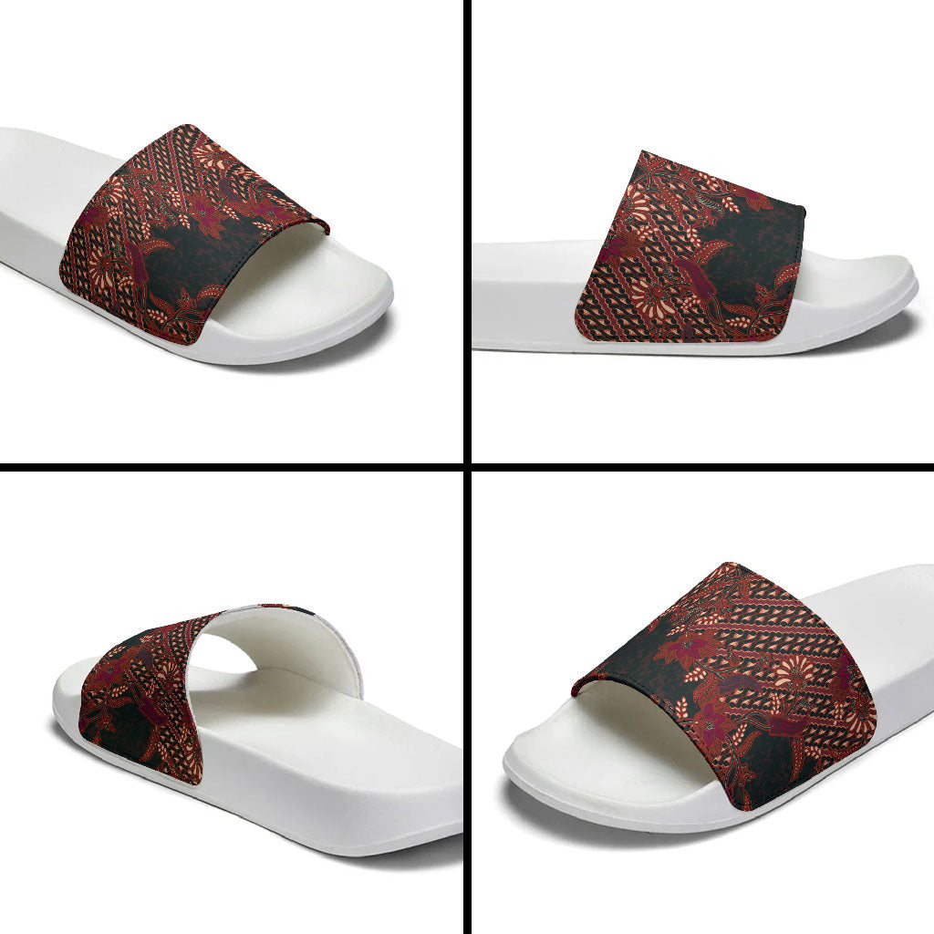 Indonesian Parang Batik Slide Sandals Red Floral Pattern