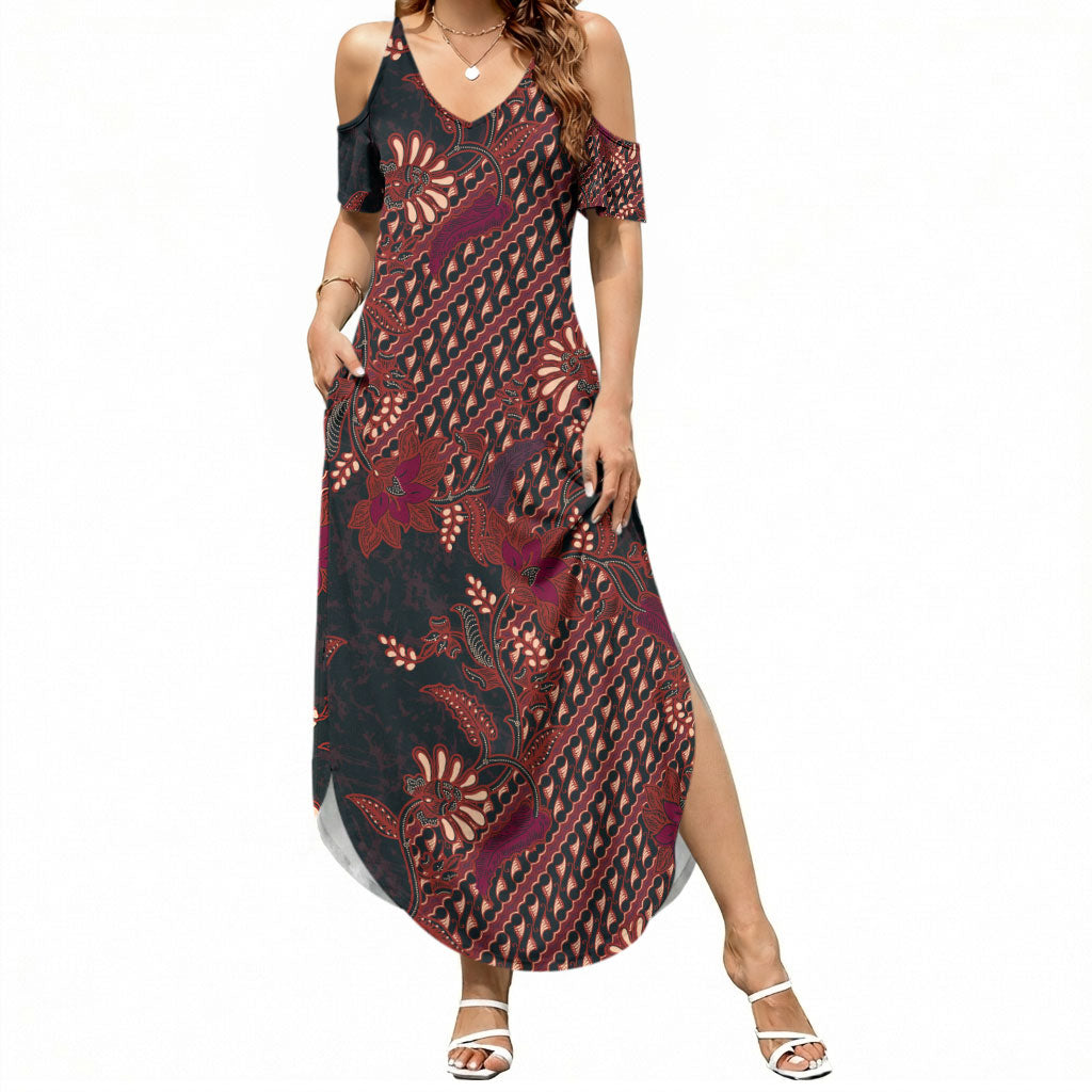 Indonesian Parang Batik Summer Maxi Dress Red Floral Pattern