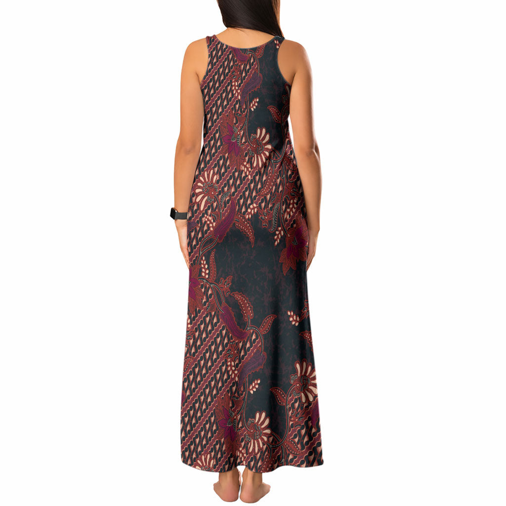 Indonesian Parang Batik Tank Maxi Dress Red Floral Pattern