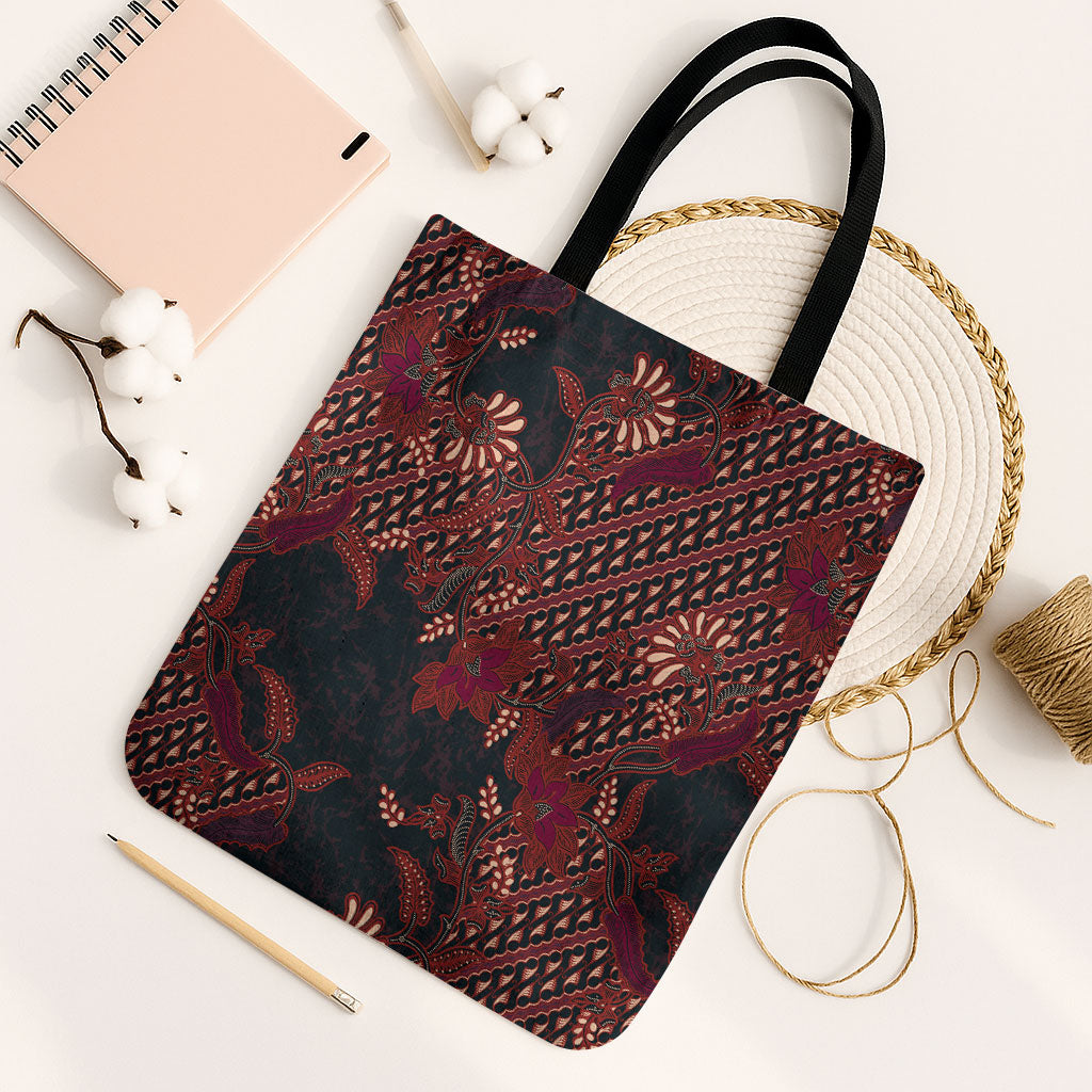 Indonesian Parang Batik Tote Bag Red Floral Pattern
