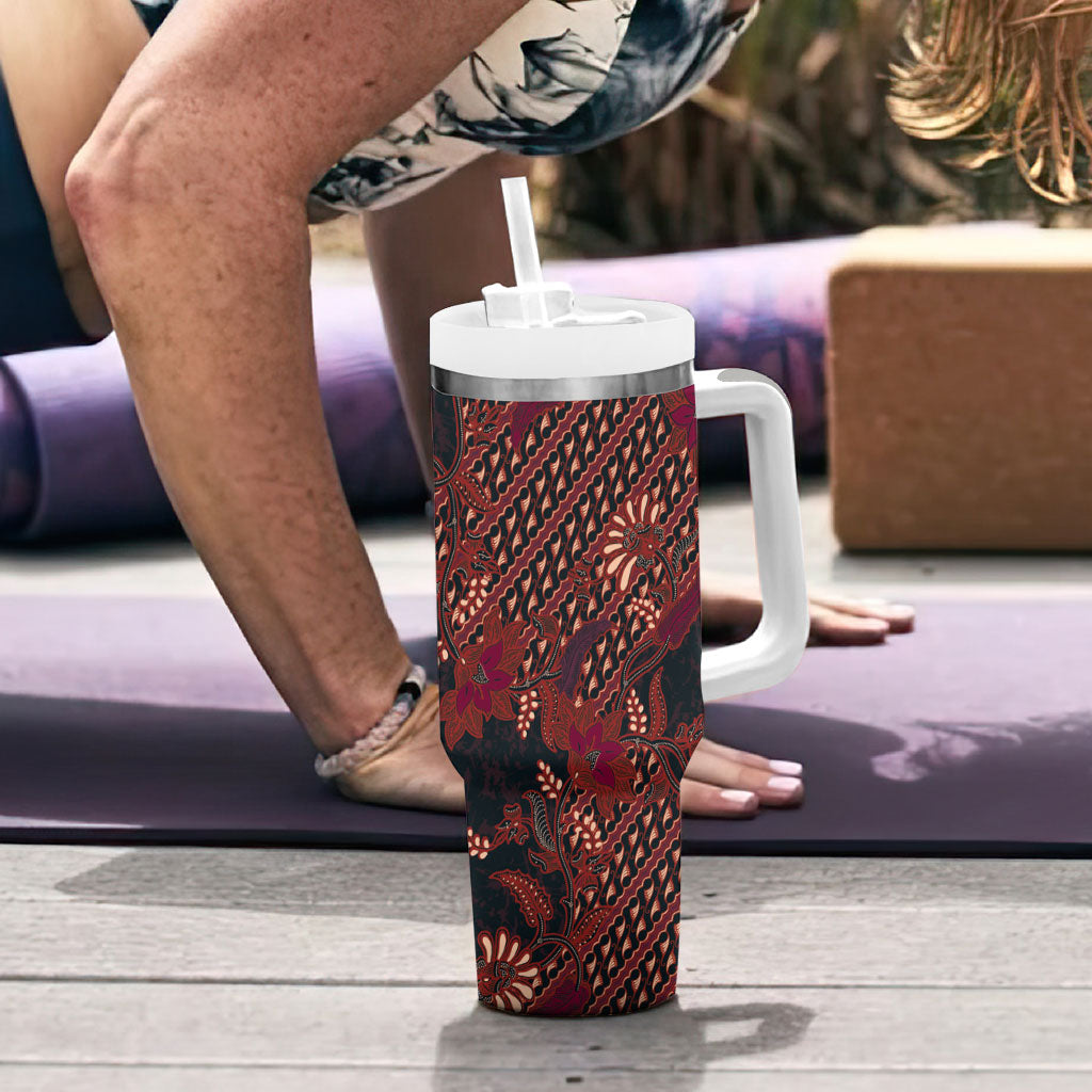 Indonesian Parang Batik Tumbler With Handle Red Floral Pattern