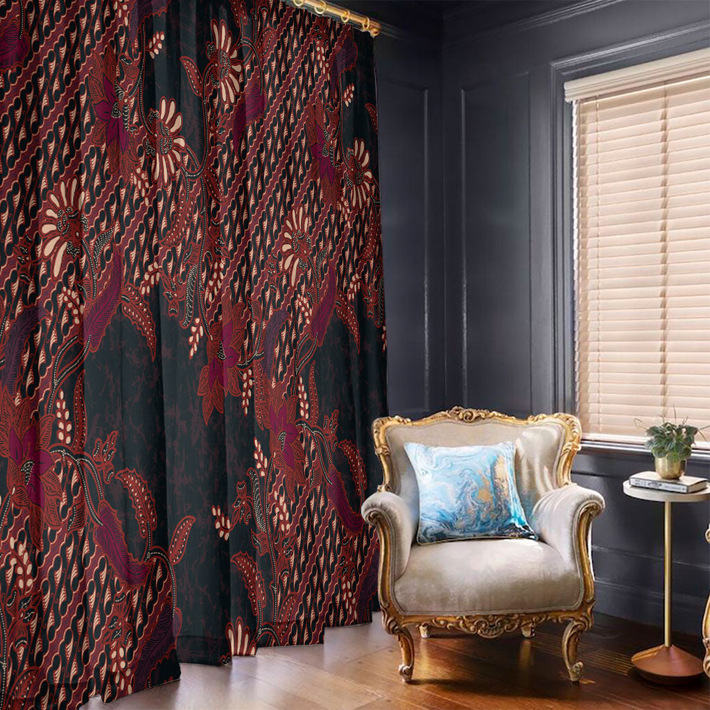 Indonesian Parang Batik Window Curtain Red Floral Pattern
