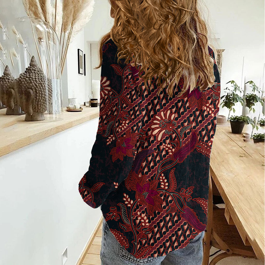 Indonesian Parang Batik Women Casual Shirt Red Floral Pattern