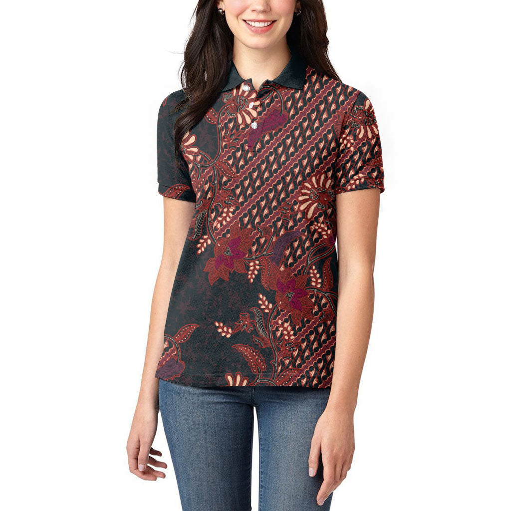 Indonesian Parang Batik Women Polo Shirt Red Floral Pattern