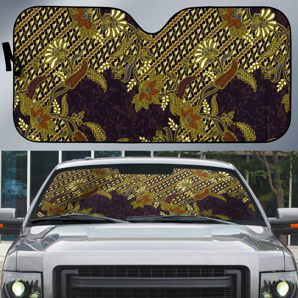 Indonesian Parang Batik Auto Sun Shade Yellow Floral Pattern