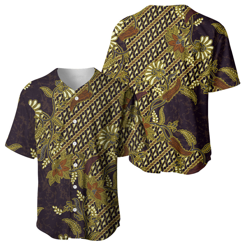 Indonesian Parang Batik Baseball Jersey Yellow Floral Pattern