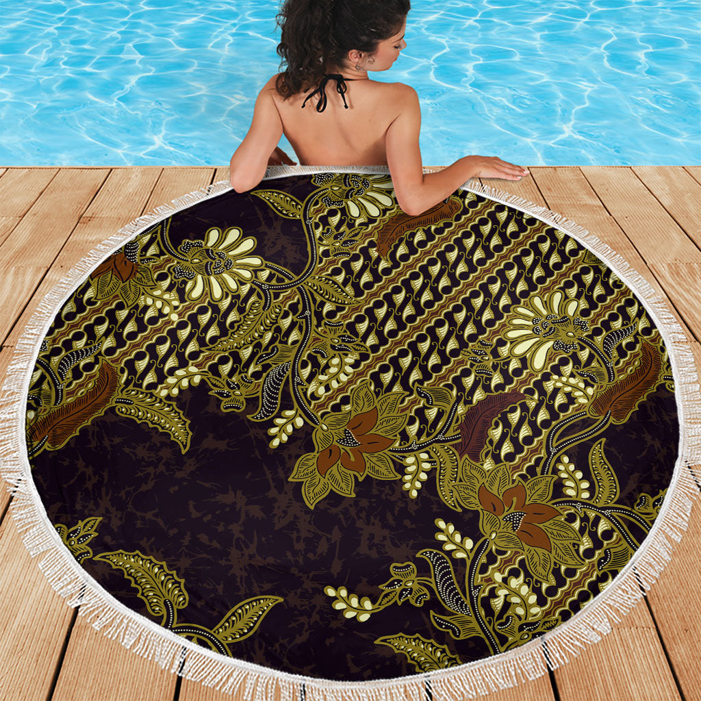Indonesian Parang Batik Beach Blanket Yellow Floral Pattern
