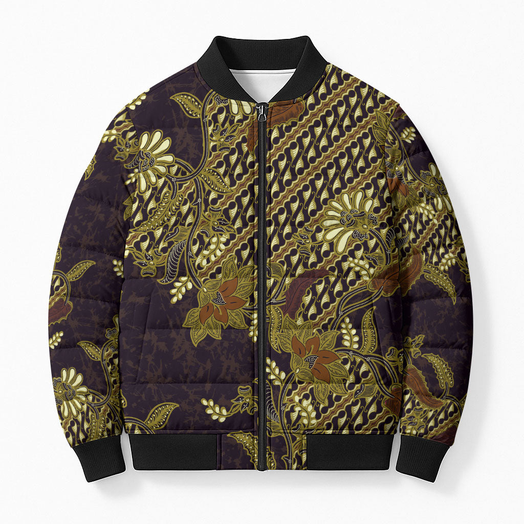 Indonesian Parang Batik Bomber Puffer Jacket Yellow Floral Pattern