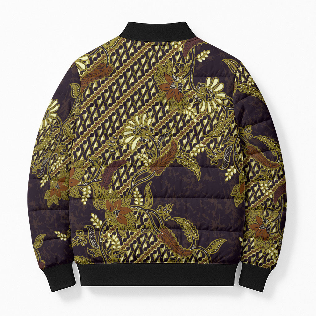 Indonesian Parang Batik Bomber Puffer Jacket Yellow Floral Pattern