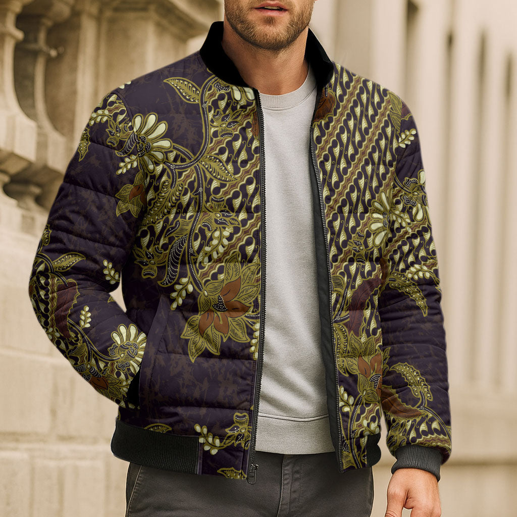 Indonesian Parang Batik Bomber Puffer Jacket Yellow Floral Pattern