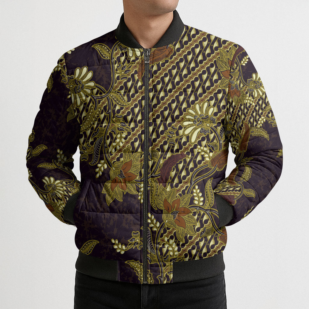 Indonesian Parang Batik Bomber Puffer Jacket Yellow Floral Pattern
