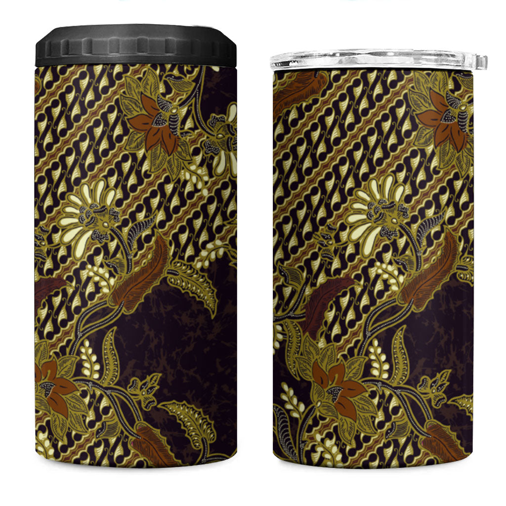Indonesian Parang Batik 4 in 1 Can Cooler Tumbler Yellow Floral Pattern