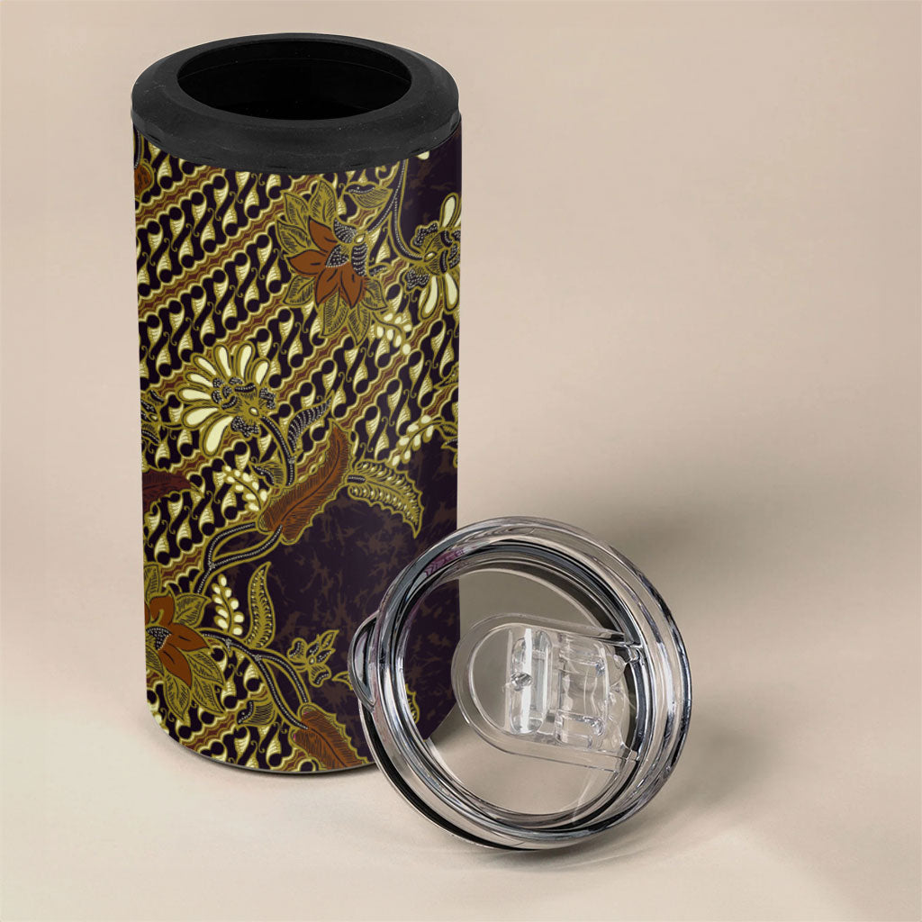 Indonesian Parang Batik 4 in 1 Can Cooler Tumbler Yellow Floral Pattern