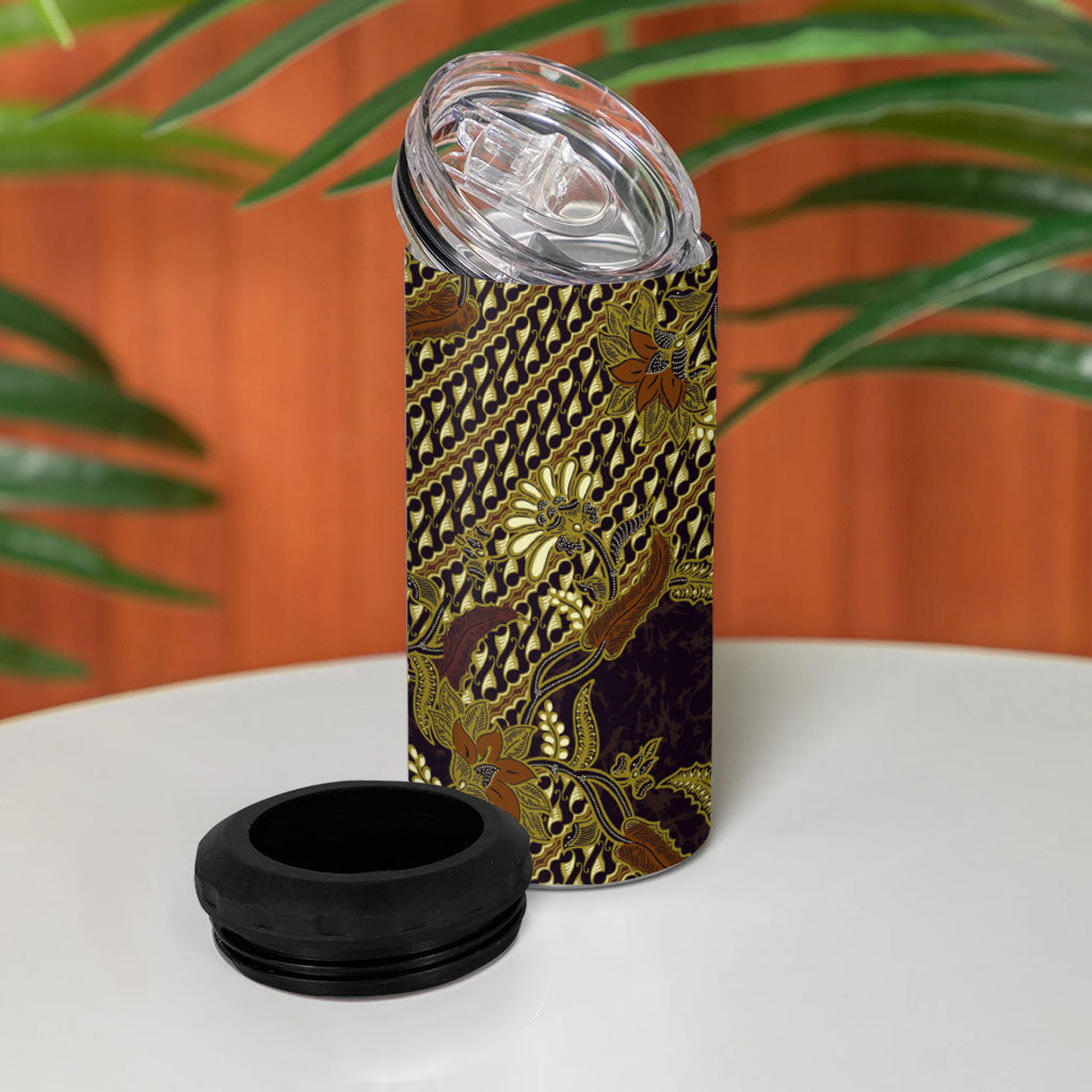 Indonesian Parang Batik 4 in 1 Can Cooler Tumbler Yellow Floral Pattern