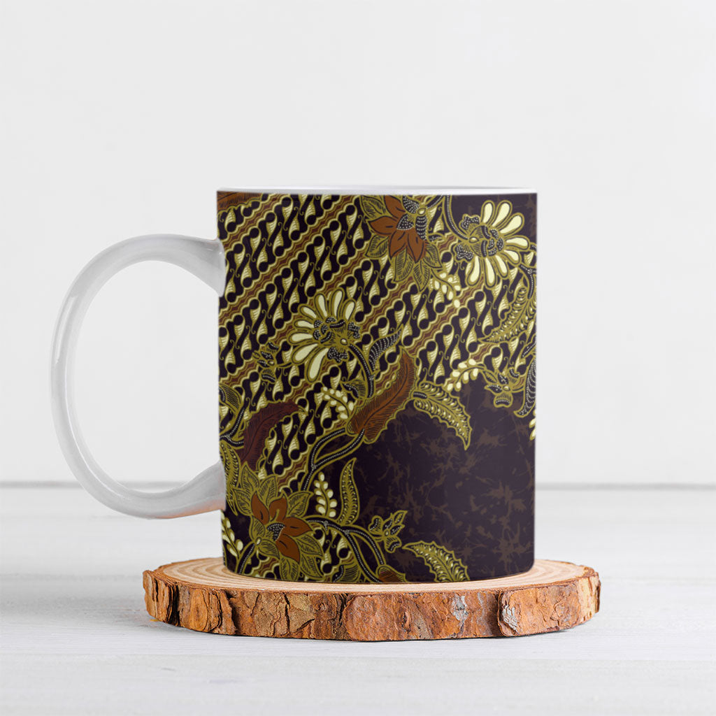 Indonesian Parang Batik Ceramic Mug Yellow Floral Pattern