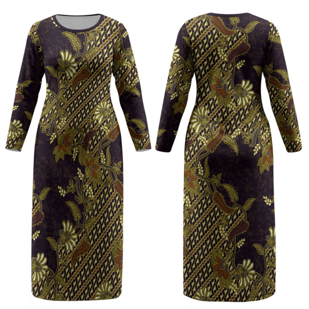 Indonesian Parang Batik Couples Matching Long Sleeve Bodycon Dress and Hawaiian Shirt Yellow Floral Pattern