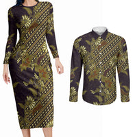Indonesian Parang Batik Couples Matching Long Sleeve Bodycon Dress and Long Sleeve Button Shirt Yellow Floral Pattern