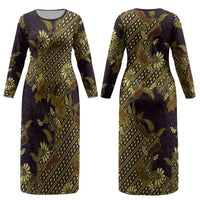 Indonesian Parang Batik Couples Matching Long Sleeve Bodycon Dress and Long Sleeve Button Shirt Yellow Floral Pattern