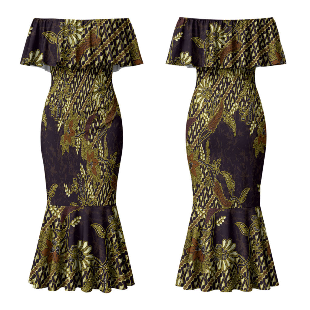 Indonesian Parang Batik Couples Matching Mermaid Dress and Hawaiian Shirt Yellow Floral Pattern