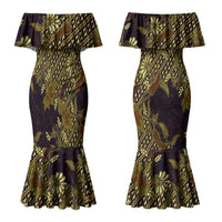 Indonesian Parang Batik Couples Matching Mermaid Dress and Hawaiian Shirt Yellow Floral Pattern