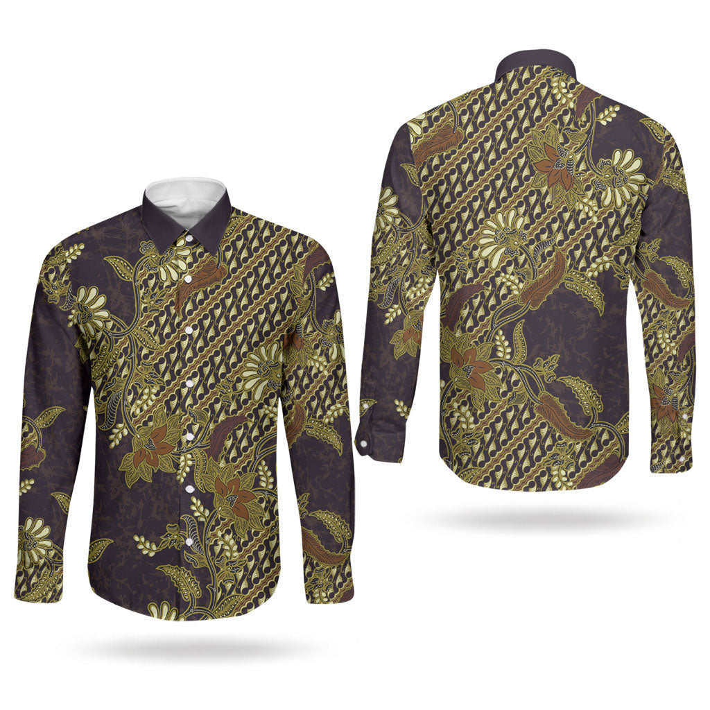 Indonesian Parang Batik Couples Matching Mermaid Dress and Long Sleeve Button Shirt Yellow Floral Pattern